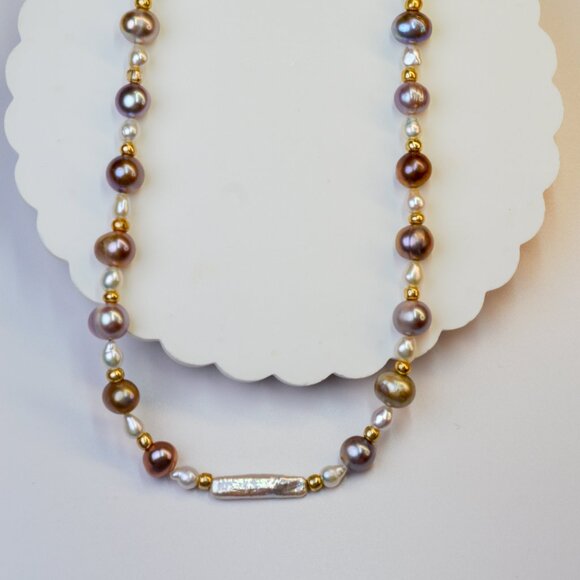 Natural Metallic Purple Pearl Necklace 19" Gold Plated - Picture 1 of 7
